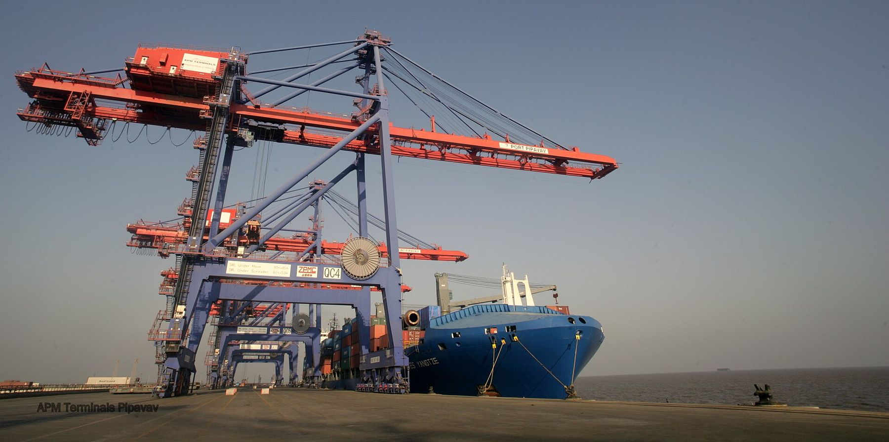 A ship under the cranes at the container berth, Port Pipavav